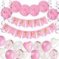 Kit Decoración Fiesta Cumpleaños Niña - Pancarta Happy Birthday- Pompones de Papel- Globos- Globos Confeti- Serpentinas…